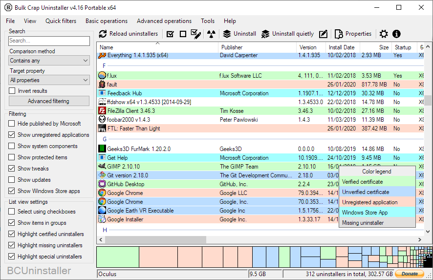 Bulk Crap Uninstaller main window showing installed programs list