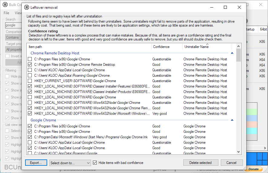 Bulk Crap Uninstaller leftover removal results