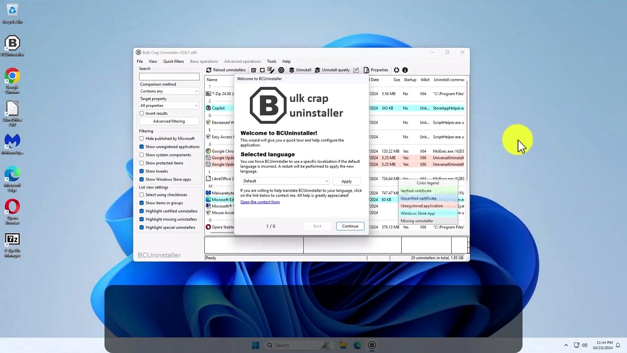 Bulk Crap Uninstaller first-run wizard showing language selection