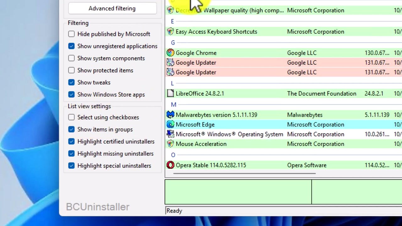 Bulk Crap Uninstaller sidebar with filtering options