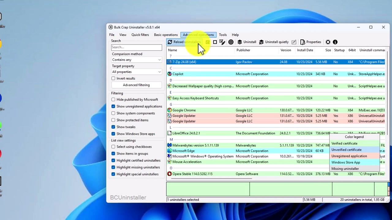 Bulk Crap Uninstaller main interface showing program list with color-coded entries