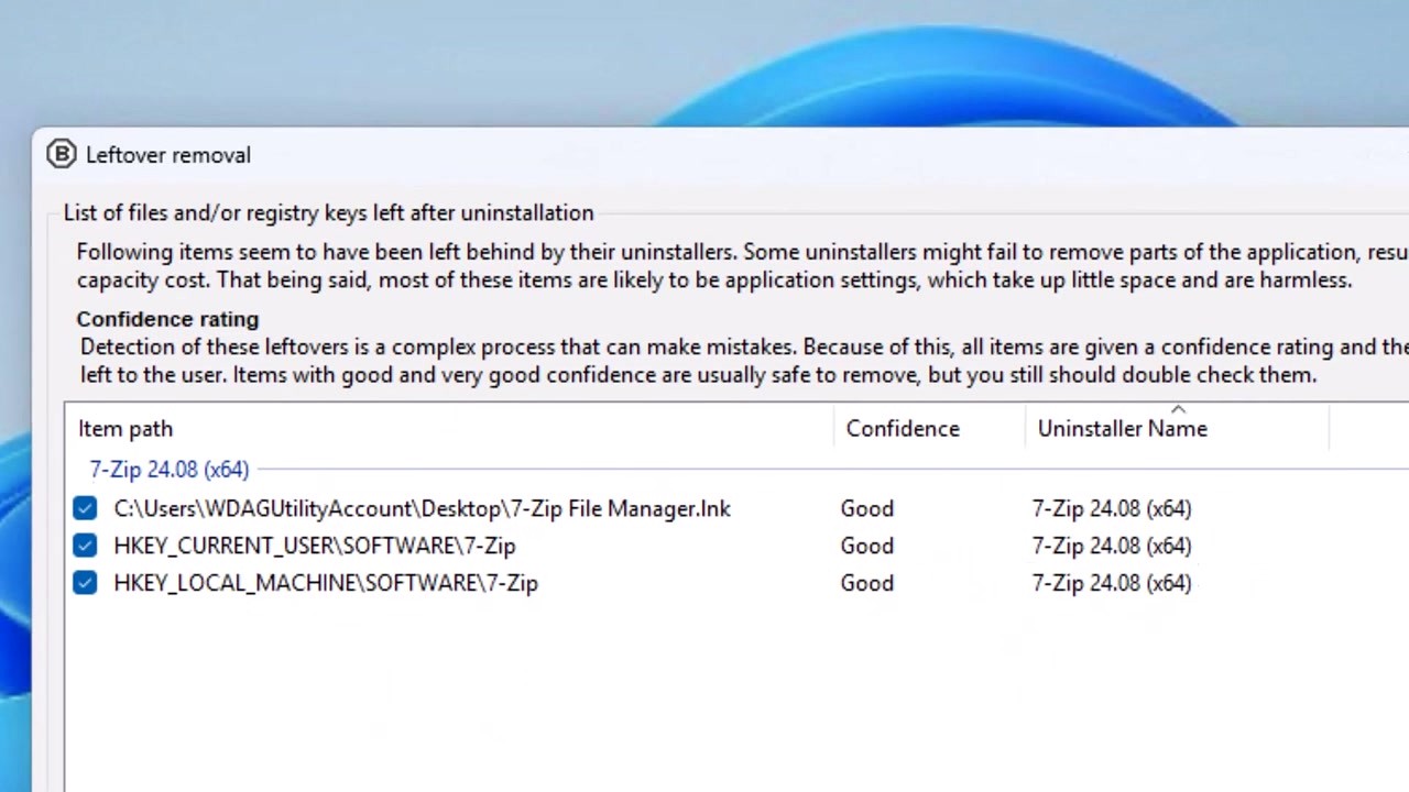 Bulk Crap Uninstaller leftover removal dialog showing files and registry keys with confidence ratings